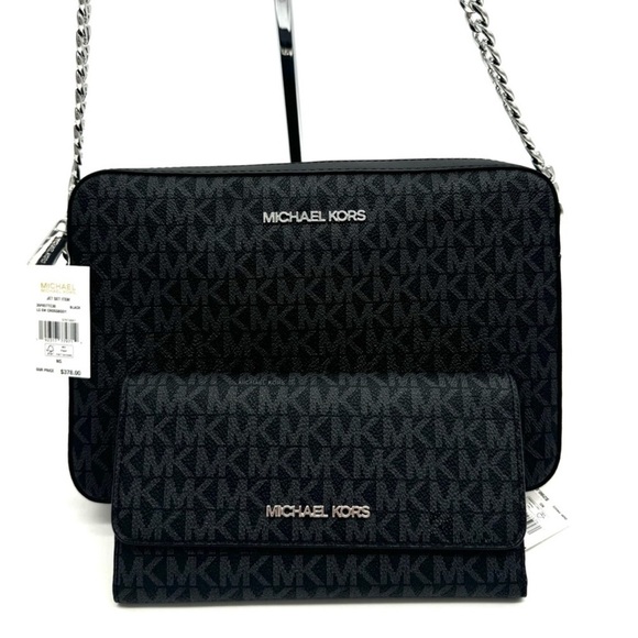 Michael Kors Large Jet Set Item EW Crossbody Bag & Large Trifold Wallet Black - Picture 2 of 11